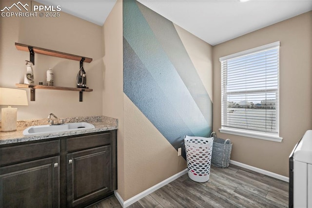 bathroom featuring hardwood / wood-style flooring and vanity