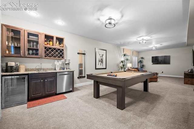 game room featuring pool table, light carpet, bar, and wine cooler