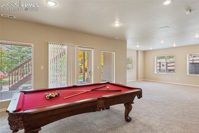 rec room with carpet flooring, plenty of natural light, and billiards