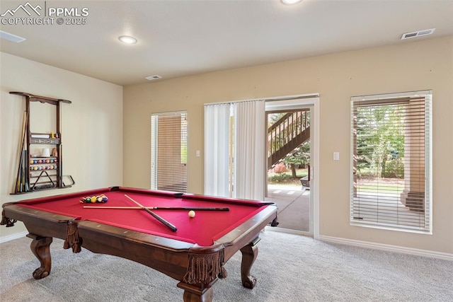 rec room featuring carpet flooring and pool table