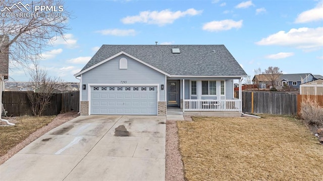 ranch-style house with a garage, a porch, and a front lawn