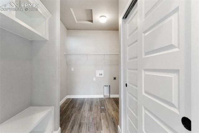 laundry area featuring washer hookup, electric dryer hookup, and hardwood / wood-style floors