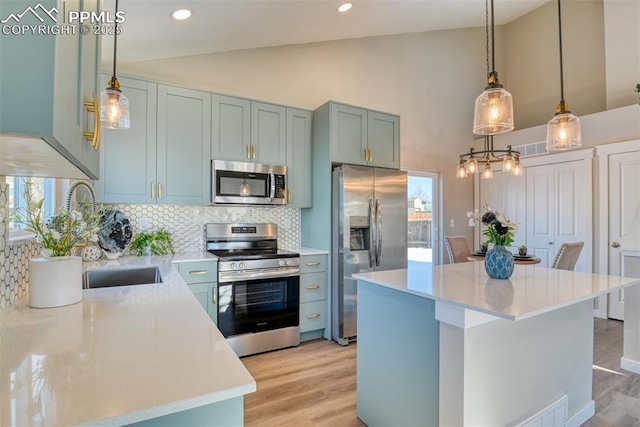 kitchen featuring sink, decorative backsplash, hanging light fixtures, a kitchen island, and appliances with stainless steel finishes