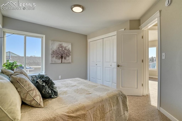 bedroom featuring a closet and light carpet