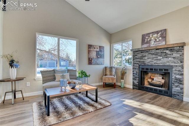 living area with a stone fireplace, high vaulted ceiling, and wood-type flooring