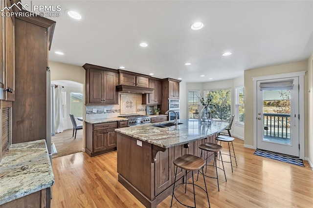 kitchen featuring light stone countertops, stove, decorative backsplash, sink, and an island with sink