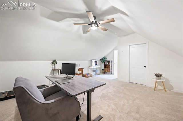 carpeted office space with ceiling fan and lofted ceiling