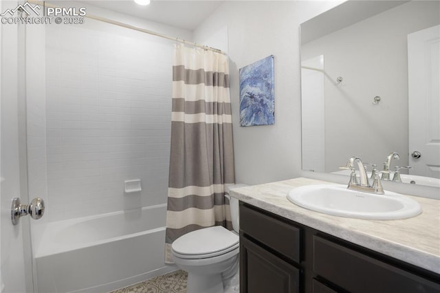 full bathroom featuring vanity, shower / bath combination with curtain, and toilet