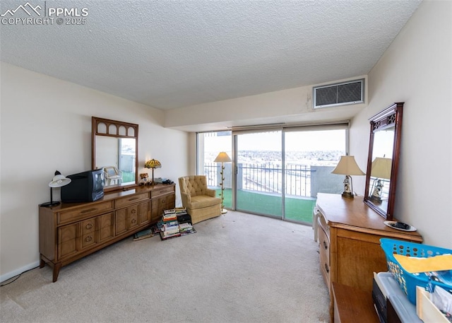 living area featuring light colored carpet and a textured ceiling