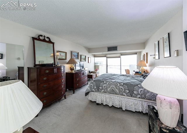 bedroom with carpet floors and a textured ceiling