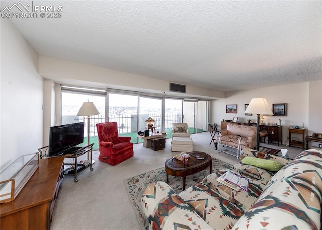 carpeted living room with a textured ceiling