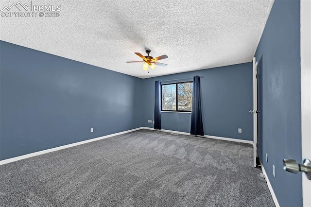 carpeted empty room featuring a textured ceiling and ceiling fan