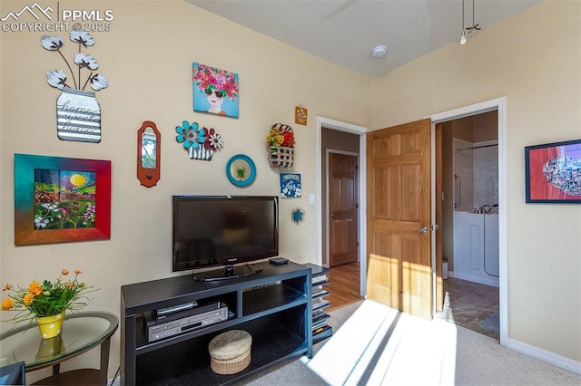 living room featuring light colored carpet