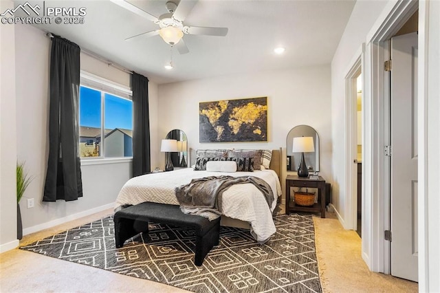 carpeted bedroom featuring ceiling fan