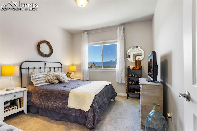 bedroom with light colored carpet