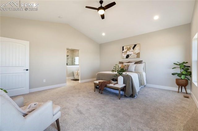 carpeted bedroom with vaulted ceiling and ceiling fan