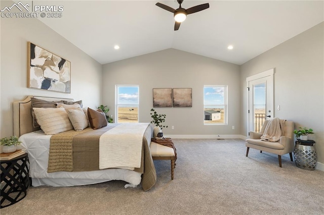 bedroom featuring multiple windows, ceiling fan, carpet, and vaulted ceiling