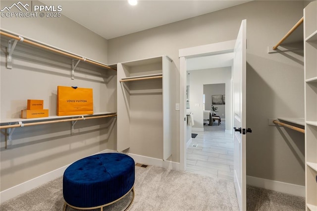 walk in closet with light colored carpet