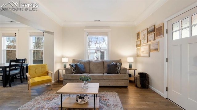 living area featuring baseboards, wood finished floors, and crown molding