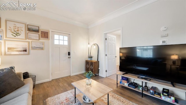 living area featuring wood finished floors, baseboards, and ornamental molding