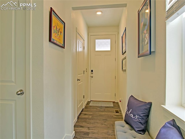 entryway with dark hardwood / wood-style flooring