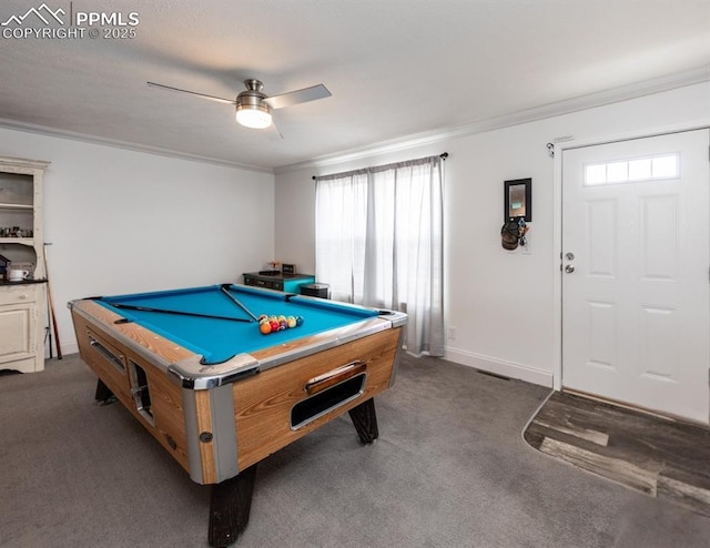 recreation room with crown molding, ceiling fan, a healthy amount of sunlight, and pool table