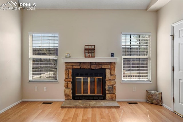 details featuring hardwood / wood-style floors and a stone fireplace