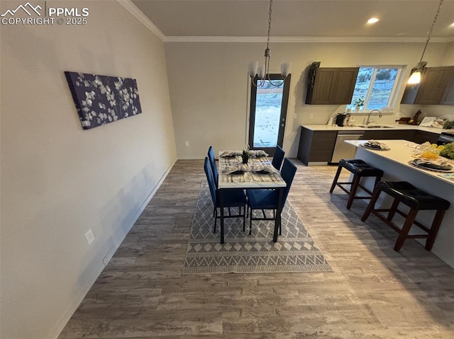 dining room featuring hardwood / wood-style floors, ornamental molding, and sink