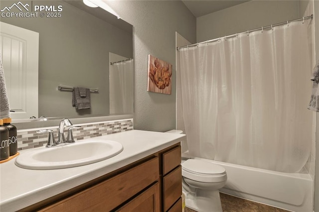 full bathroom featuring toilet, decorative backsplash, shower / bath combination with curtain, and vanity