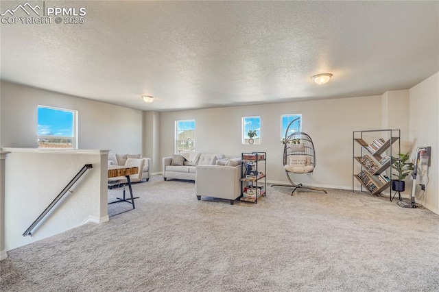 living room featuring carpet flooring and a textured ceiling