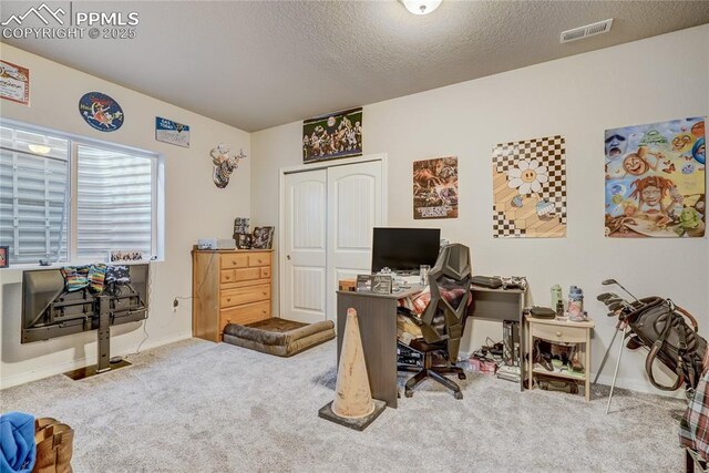 home office with carpet and a textured ceiling