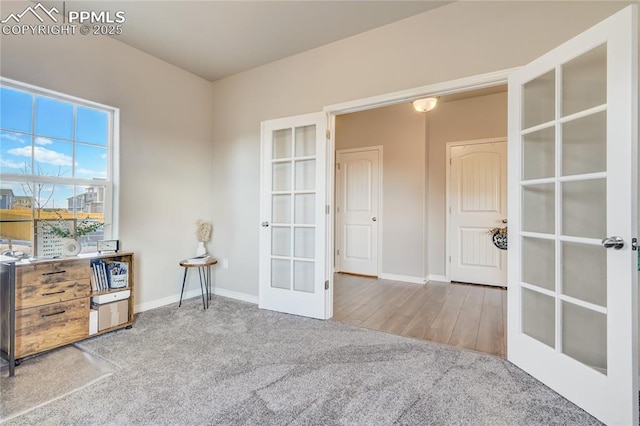 spare room featuring french doors and carpet