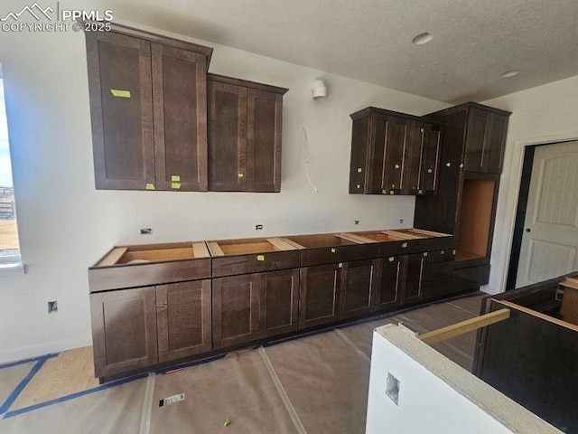 kitchen featuring dark brown cabinets, a textured ceiling, and light hardwood / wood-style flooring