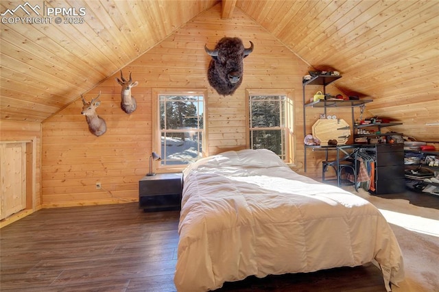 bedroom featuring hardwood / wood-style floors, wooden walls, lofted ceiling, and wooden ceiling