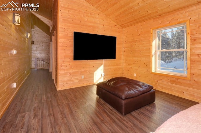 unfurnished room with wood-type flooring, vaulted ceiling, wood walls, and wood ceiling