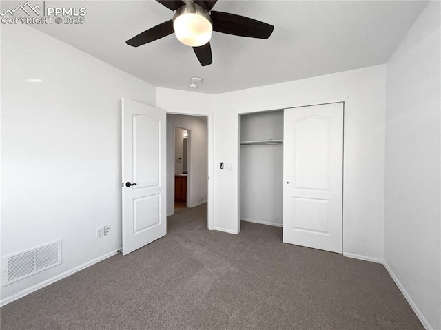 7707 Orange Sunset Dr, Colorado Springs, CO 80922 - unfurnished bedroom with ceiling fan, a closet, and dark carpet