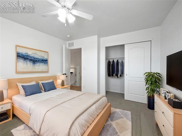 7707 Orange Sunset Dr, Colorado Springs, CO 80922 - bedroom with ceiling fan, carpet floors, and a closet