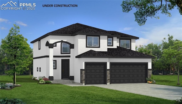 view of front of house with a garage, a shingled roof, a front lawn, and stucco siding