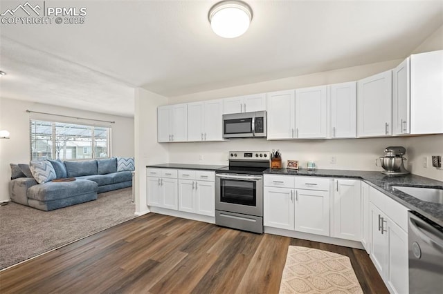 kitchen featuring white cabinets, dark hardwood / wood-style flooring, and appliances with stainless steel finishes