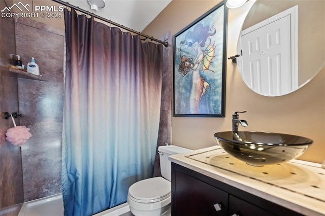 bathroom featuring toilet, vanity, and a shower with curtain