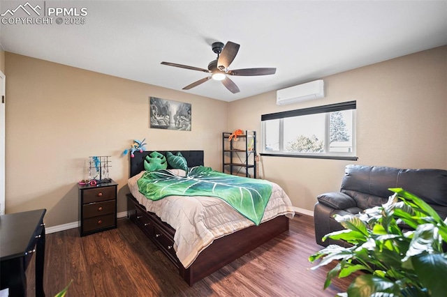 bedroom featuring ceiling fan, dark hardwood / wood-style floors, and a wall unit AC