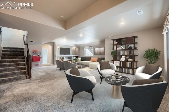 living room featuring light colored carpet