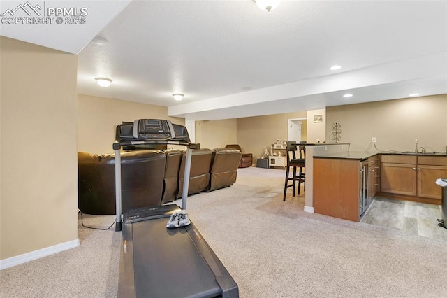 exercise room featuring sink and light colored carpet