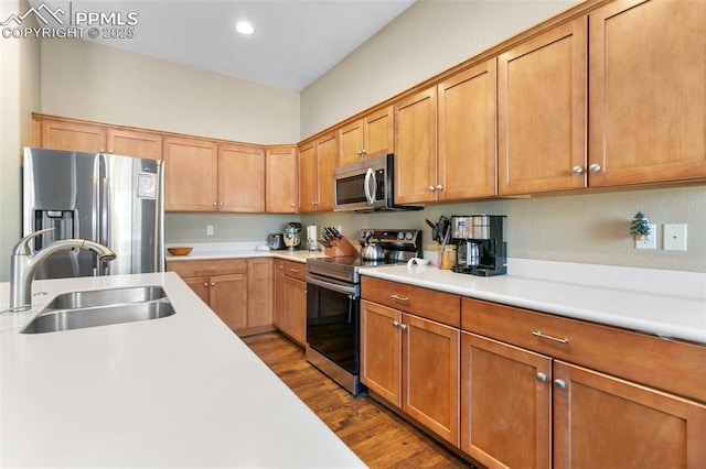 kitchen with stainless steel appliances, hardwood / wood-style flooring, and sink