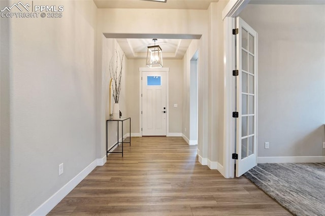 foyer featuring a raised ceiling and hardwood / wood-style flooring