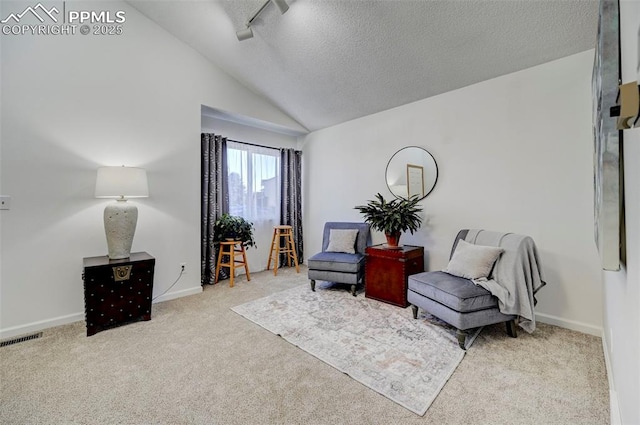 living area featuring light colored carpet, rail lighting, a textured ceiling, and vaulted ceiling