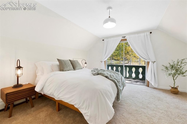 bedroom featuring access to exterior, vaulted ceiling, and carpet flooring