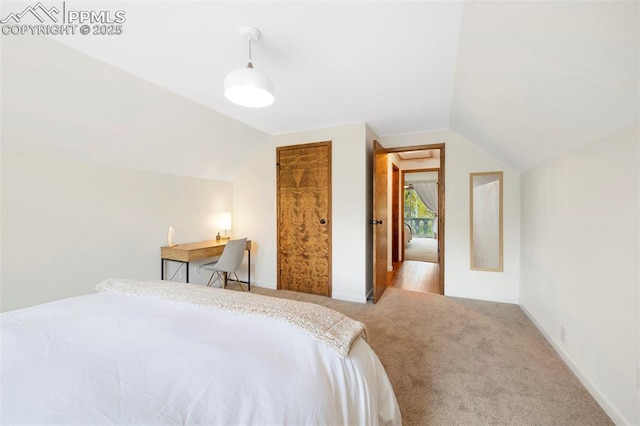 bedroom with lofted ceiling and light carpet