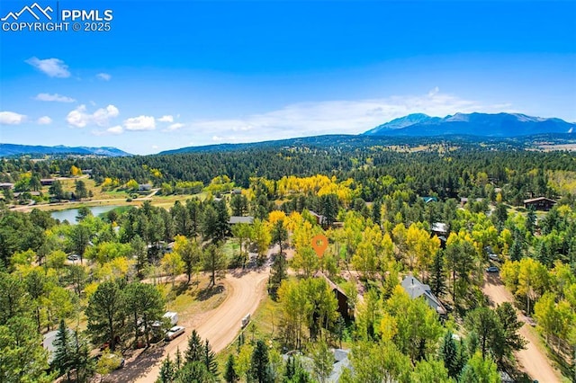 drone / aerial view with a water and mountain view