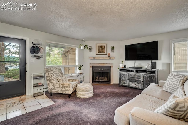 living room with light carpet and a textured ceiling